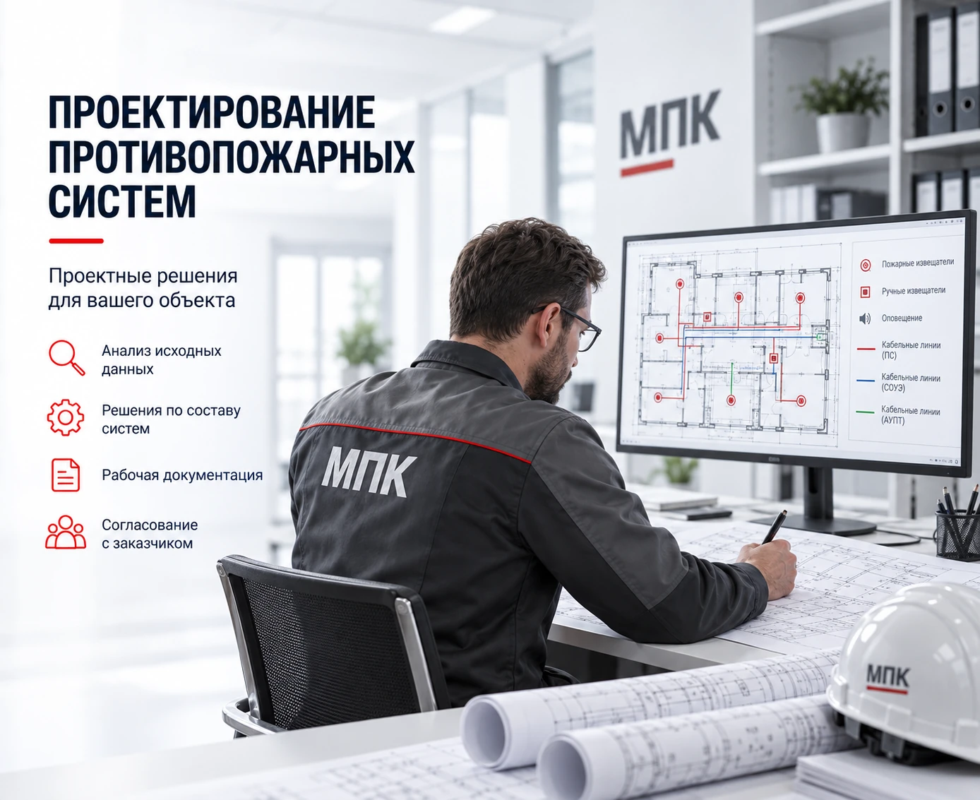 Проектирование противопожарных систем: инженер разрабатывает схемы и рабочую документацию