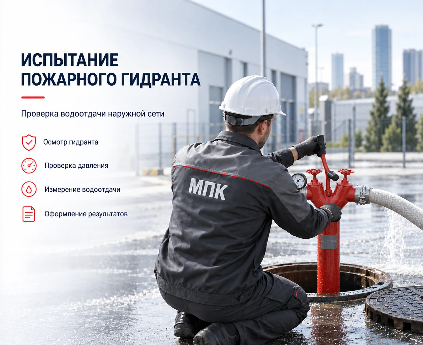 Испытание пожарного гидранта с пожарной колонкой и манометром