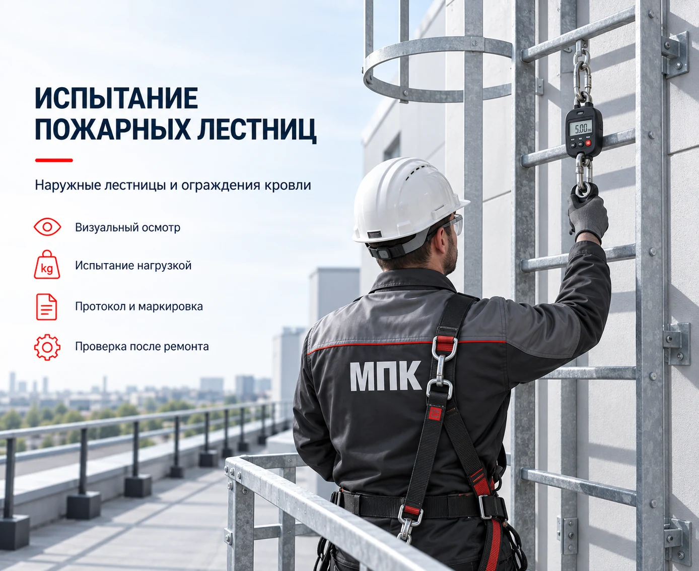 Испытание наружной пожарной лестницы нагрузкой