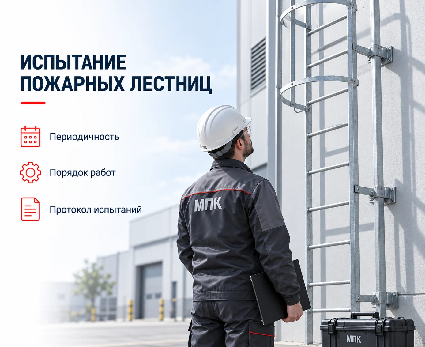 Испытание пожарных лестниц: специалист МПК осматривает наружную стационарную конструкцию