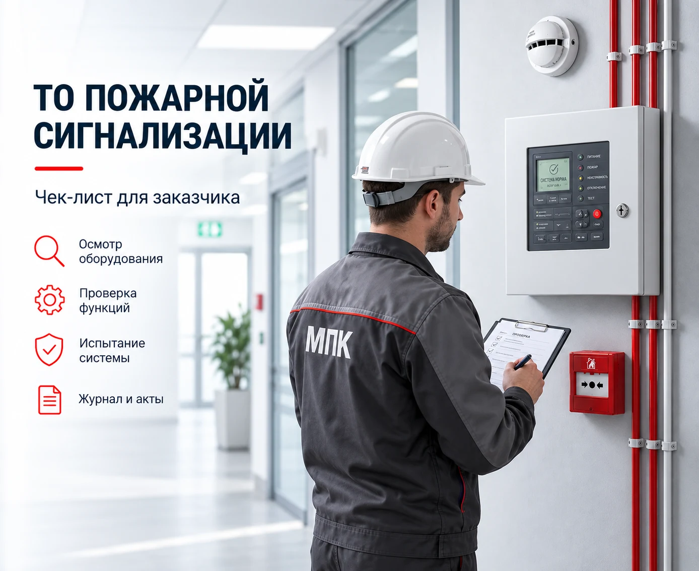 Техническое обслуживание пожарной сигнализации — специалист МПК проверяет прибор и заполняет чек-лист
